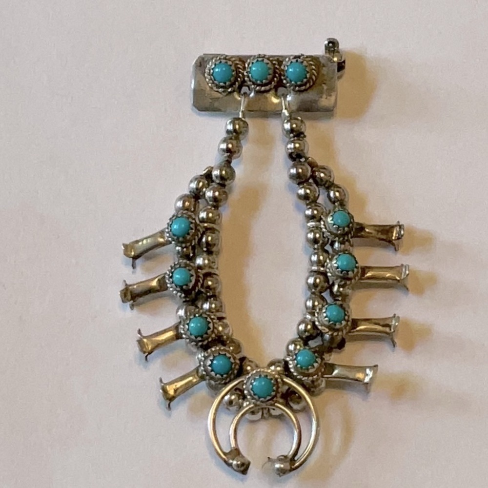 Turquoise Sterling Silver Mini Squash Blossom Necklace Pin Brooch. - Picture 5 of 6